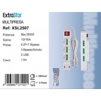 EXTRASTAR MULTIPRESA 10/16A + SCHUKO +2 USB SPINA 10A CON SOVRACCARICO C-XSL2507 CAVO 1.50 Metri