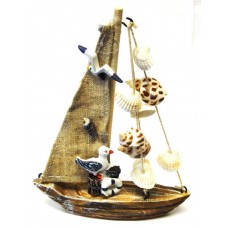 BARCA A VELA ARTIGIANALE IN LEGNO RESINA  TELA E CONCHIGLIE 