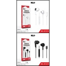 MLK+ AURICOLARE A FILO IN-EAR CON CONNETTORE TYPE-C ML-612 FLESSIBILE TPE