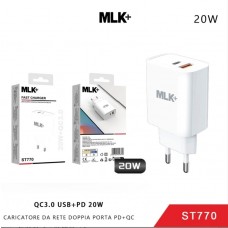 MLK+ FAST CHARGER CARICATOE DA RETE DOPPIA PORTA QC3.0 USB +PD DA 20W ST770 