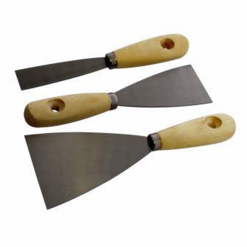 SET 3 SPATOLE STUCCO FILLER MANICO LEGNO 25-50-70 MM WOODEN SCRAPERS 