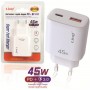 Caricatore Ricarica Rapida Smartphone USB-C PD+QC 45W + USB QC 3.0 LinQ AC4538 